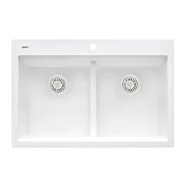 Ruvati 33 x 22 inch epiGranite Drop-in TopMount Granite Composite Double Bowl Low Divide Kitchen Sink, Arctic White