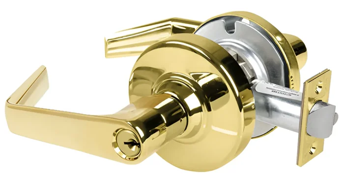 Schlage Grade 2 Office Saturn Lever Lock – Key in Lever, Brushed Brass Cylinder
