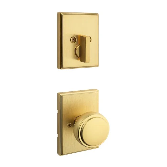 Single Cylinder Interior Sora Knob with Traditional Rectangular Rose Trim Satin Brass Finish by Kwikset