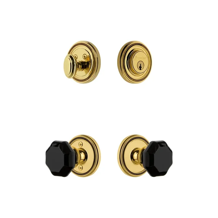 Soleil Rosette Entry Set with Lyon Knob in Lifetime Brass