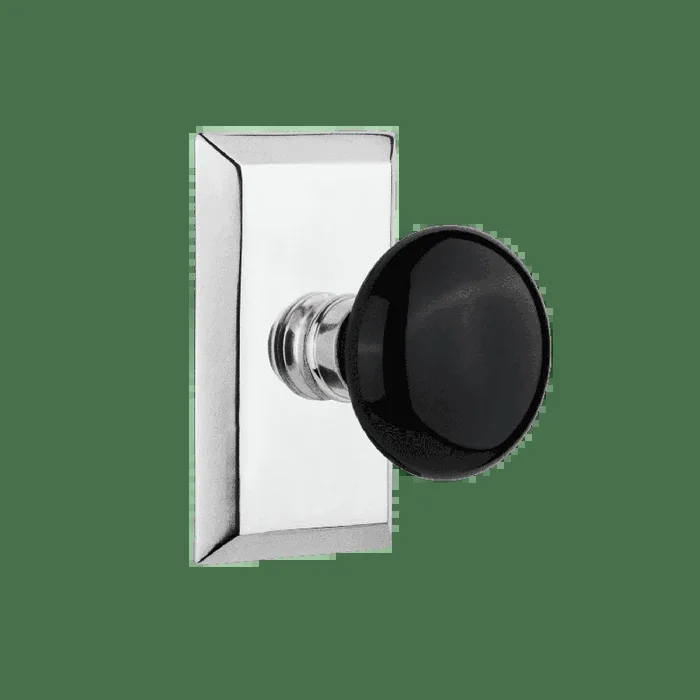 Studio Short Plate with Black Porcelain Knob in Bright Chrome – Nostalgic Vintage Hardware