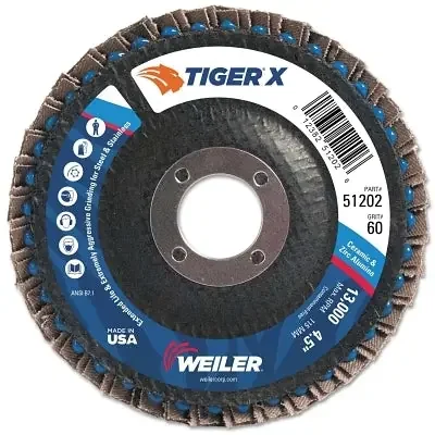 Tiger X Flap Disc, 4-1/2 in Angled, 60 Grit, 7/8 in Arbor