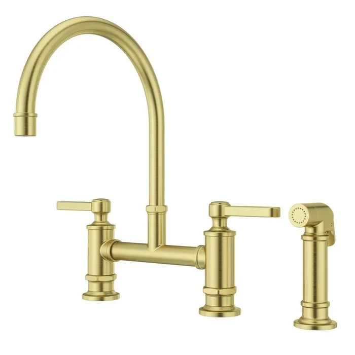Two Handle Bridge Kitchen Faucet with Side Spray in Brushed Gold – Pfister