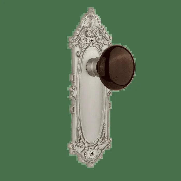 Victorian Long Plate with Brown Porcelain Knob – Satin Nickel Finish