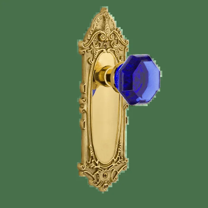 Victorian Long Plate with Cobalt Waldorf Knob – Polished Brass