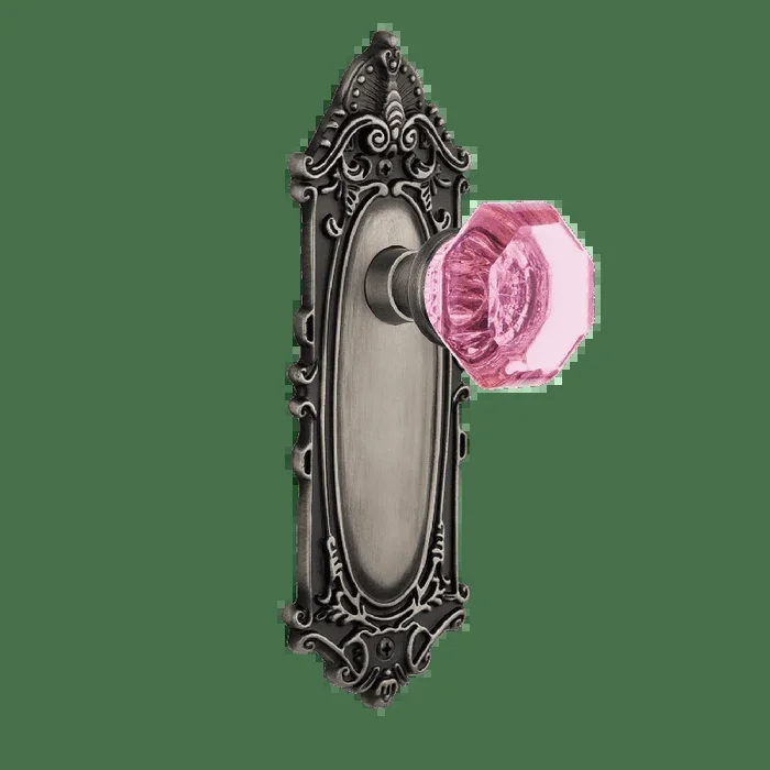 Victorian Long Plate with Pink Waldorf Knob in Antique Pewter