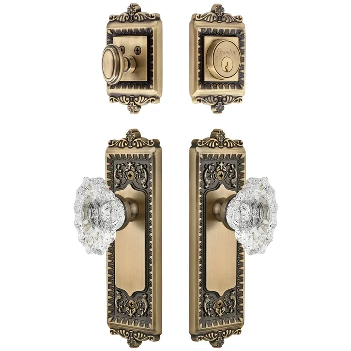 Windsor Long Plate Entry Set with Biarritz Crystal Knob – Vintage Brass