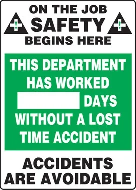 Write-A-Day Scoreboards: This Department Has Worked _ Days Without A Lost Time Accident Spanish 20″ x 14″ Aluminum 1/Each – SHMSR120AL